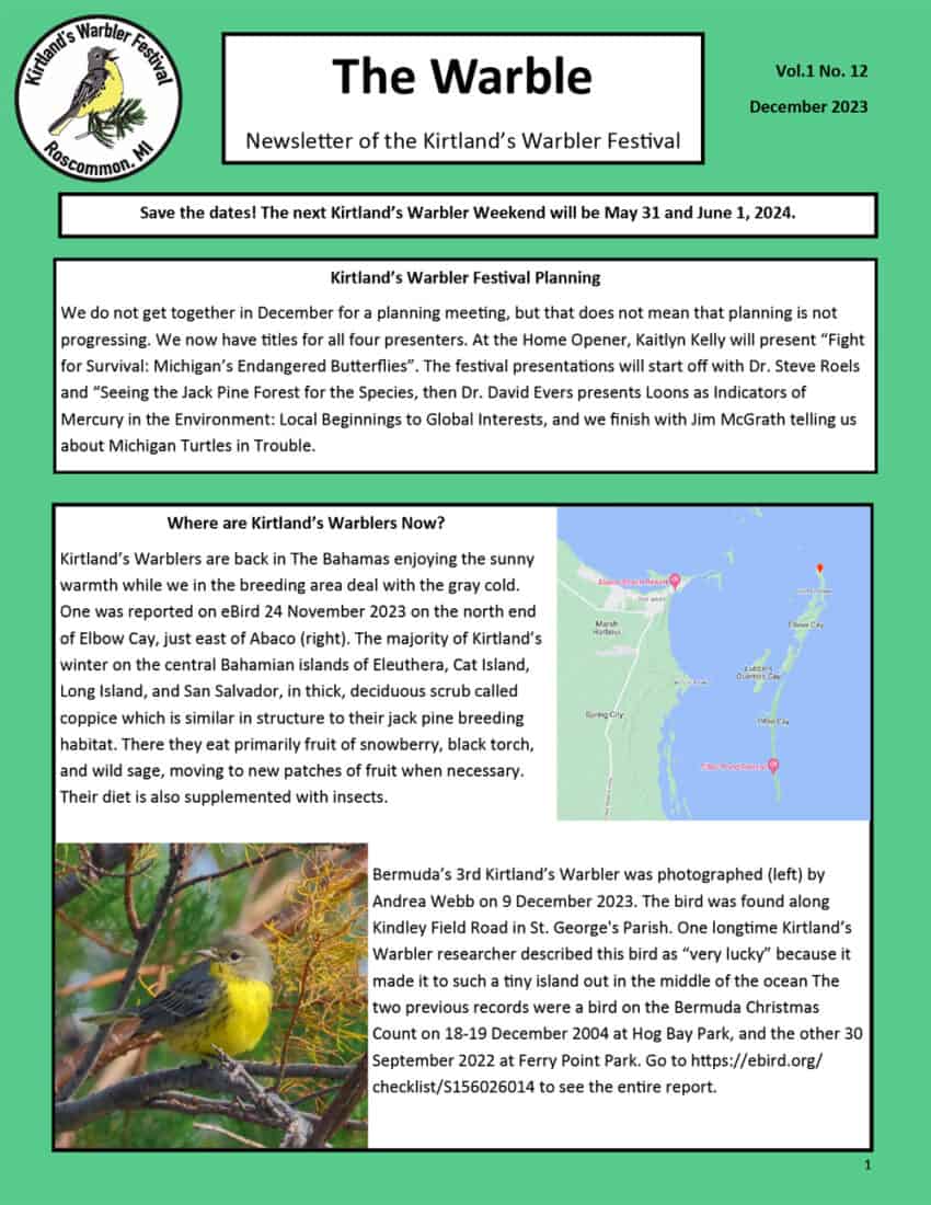 Kirtland's Warbler newsletter page 1