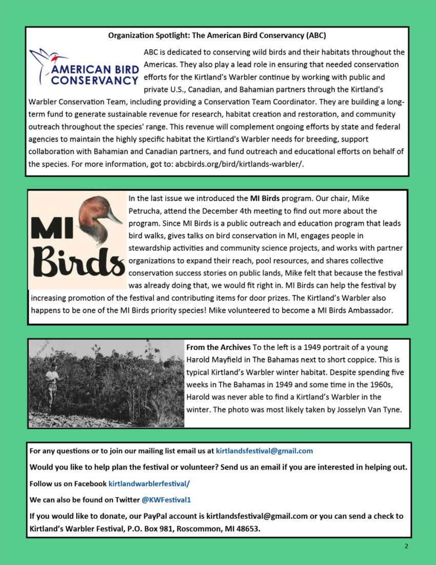 Kirtland's Warbler newsletter page 2