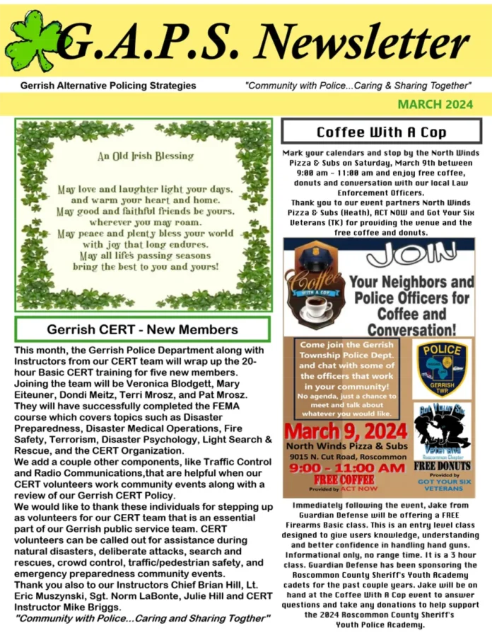 G.A.P.S. Newsletter for March - front