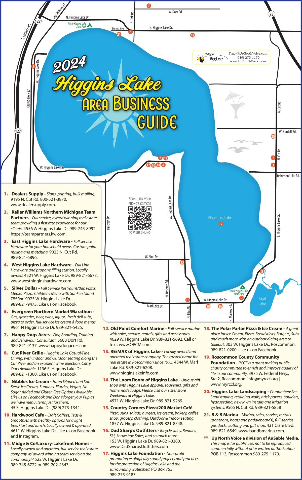 Higgins Lake, MI map with businesses