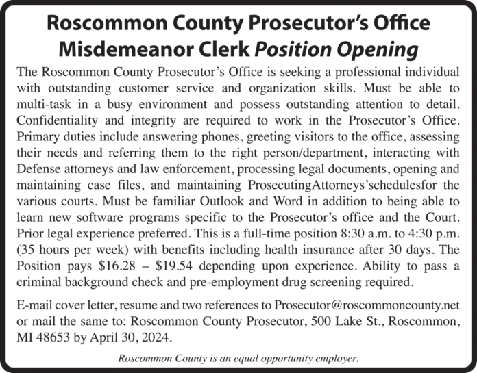 Position Opening at Roscommon County Prosecutor's Office