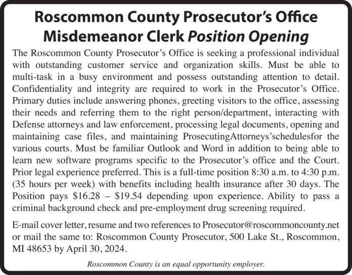 Roscommon County Position Opening 1-8 202405 Position Opening at Roscommon County Prosecutor's Office