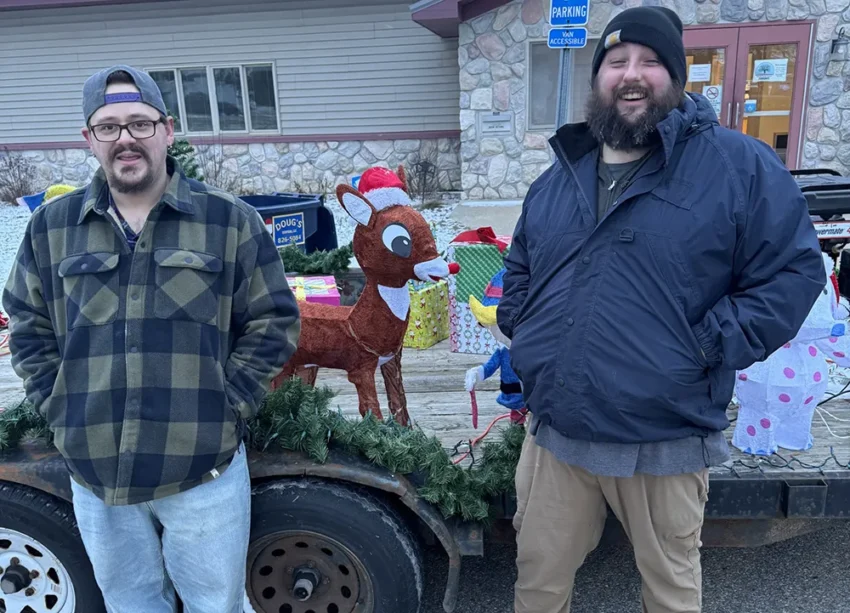 Wyatt Knepp and Matt Belanger set up the Oscoda County Library float