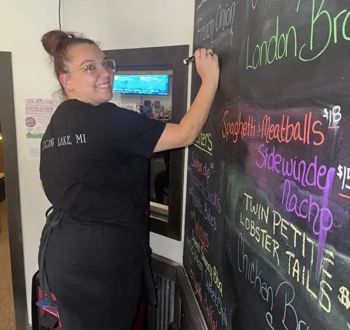 cut river grill pic The chalk-board menu at the Cut River Grille in Higgins Lake is hand-written daily. Amber Francisco was the artist of the day.