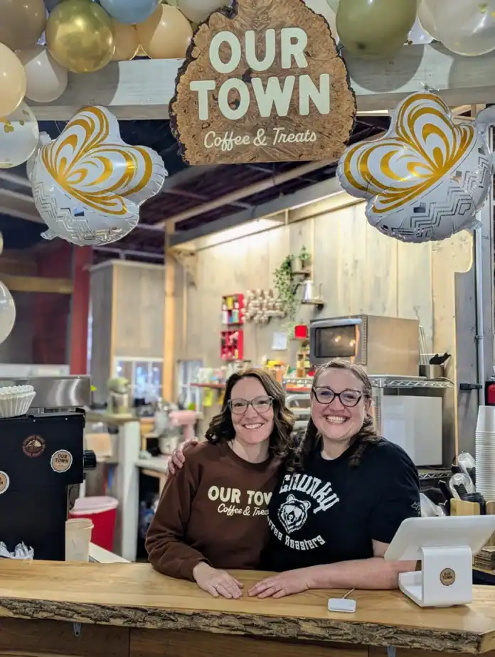 our town coffee pic 1 Owners Colby Chilcote (left) and Mary Bobenmoyer (right) had a steady stream of customers and a great turnout celebrating their business one-year anniversary April 10.