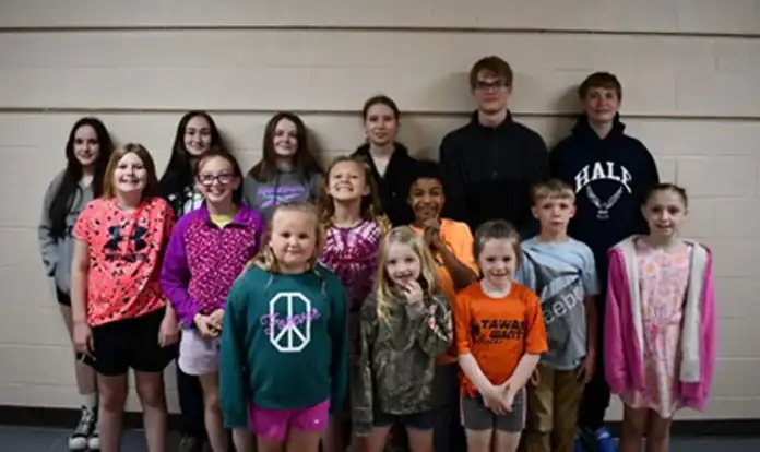 Pictured: Back (l to r): Jeanney Rigsby, Sophie Cole, Ellery Coleman, Aleah View, Brayden VanEizenga, anf Jonah Barclay. Middle (l to r): Aubrey Farrand, Braylee Prescott, Violet Vance, Rory Hendrickson, Brayden Alakson, and Ashlynn Hewitt. Front (l to r): Charlie Kesler, Paisley Reimann, and Evelynn Burton.