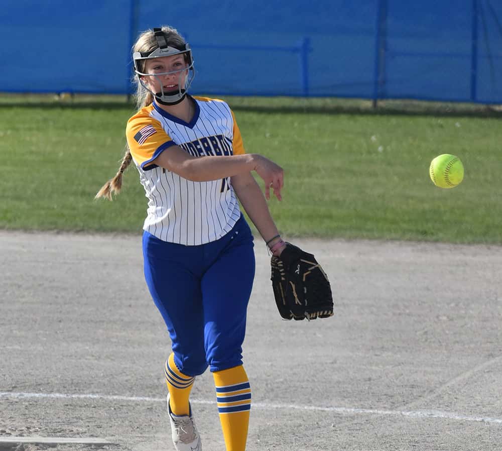 Hailee Shelton of Mio launches a strike.