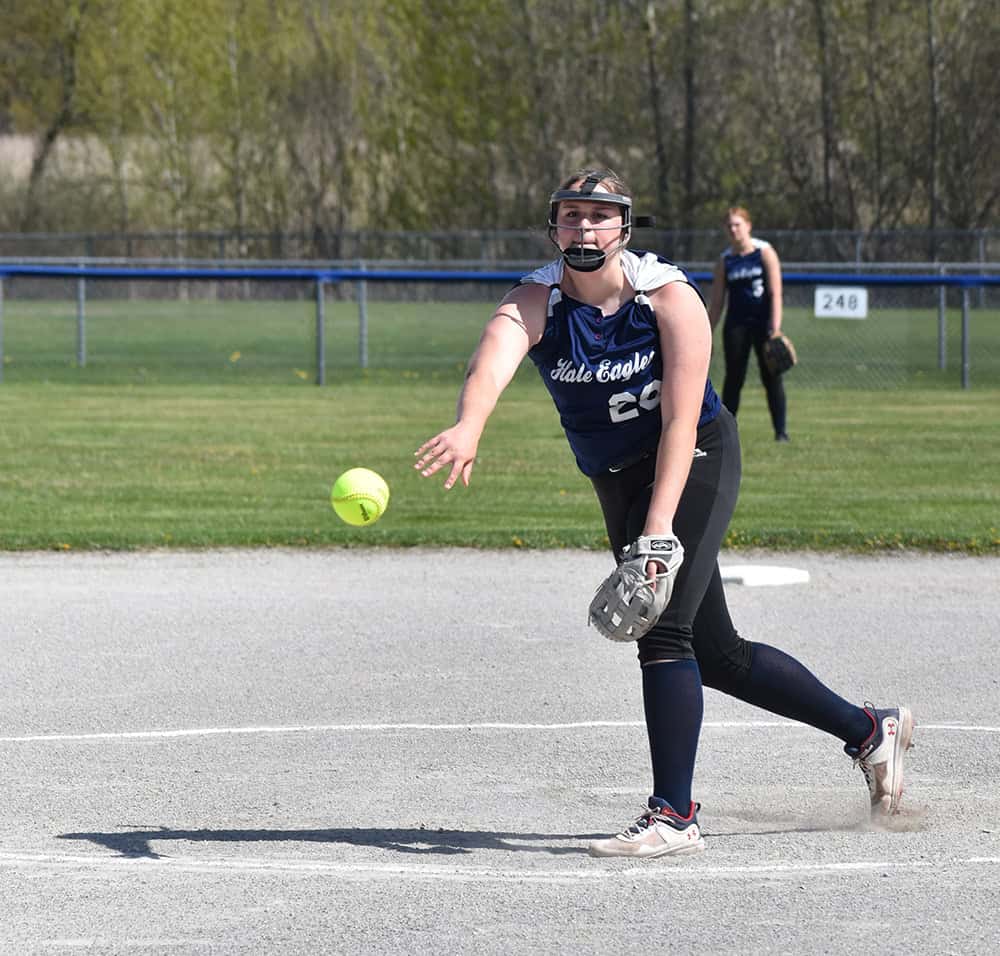 Hale Pitcher Ali Beebe launches a strike.