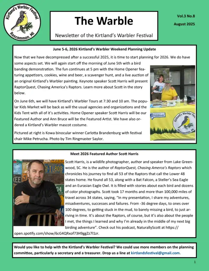 KWF Newsletter V3N8-1 Kirtland Warbler Festival newsletter page 1