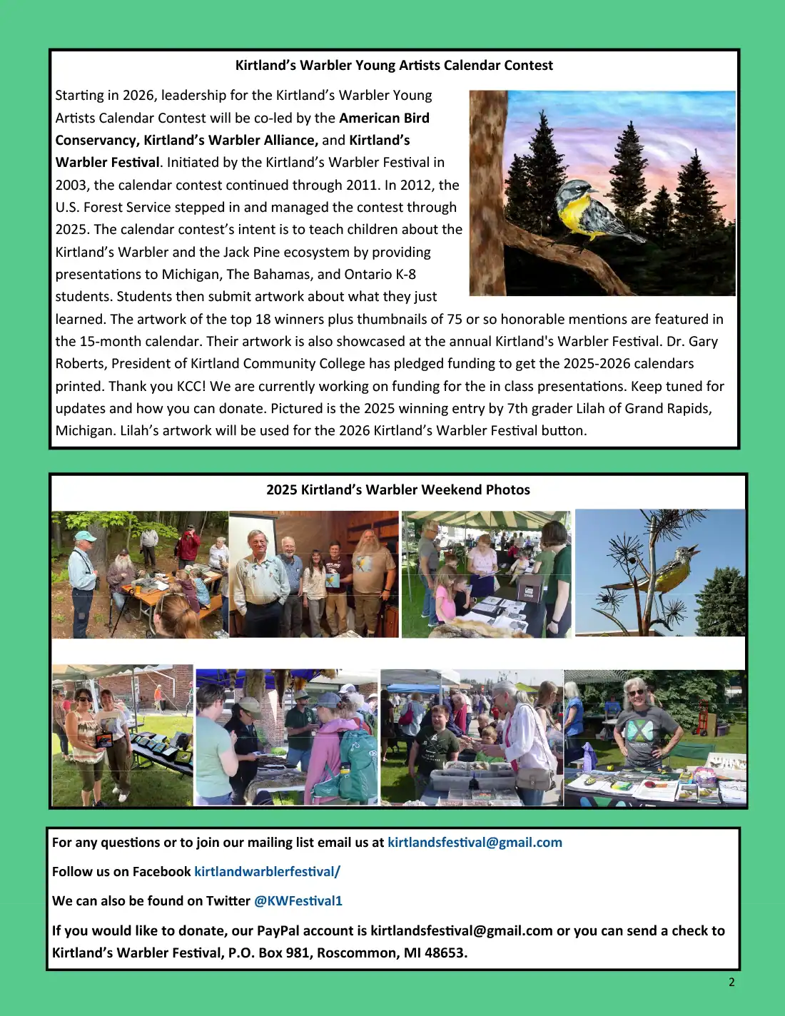 Kirtland Warbler Festival newsletter page 2