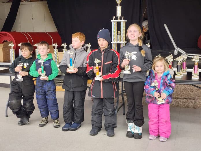 hale snowmobile 1 Participants in the Kitty Cat timed event (l-r): Teddy Blain (7) 5th place, Hudson Padgorski (8) 3rd place, Silas Cain (6) 2nd place, Calvin Blain (9), 1st place, Shelby Eno (8) 4th place, and Samantha Chinchak (4) 6th place.
