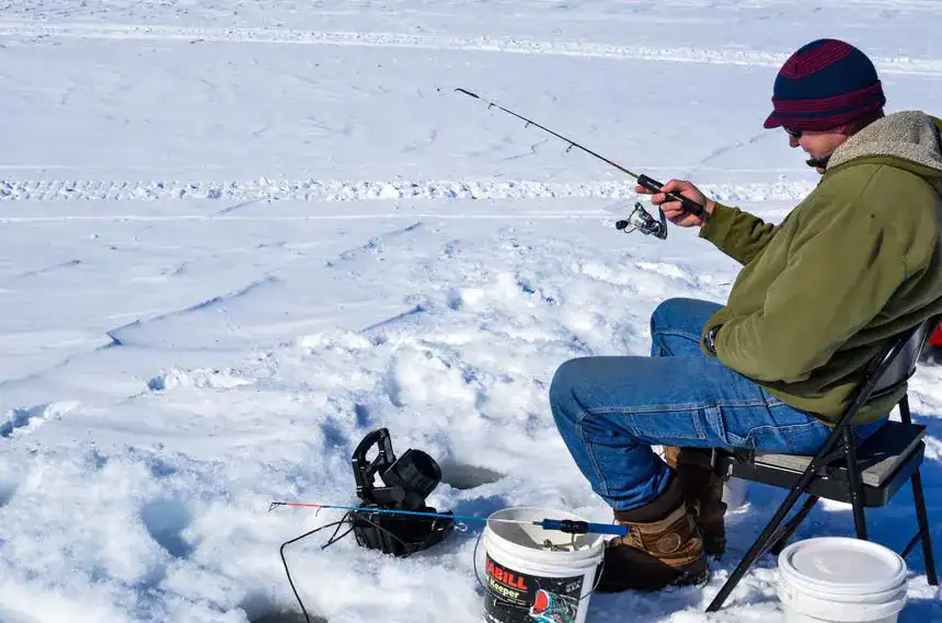 ice fishing on lake