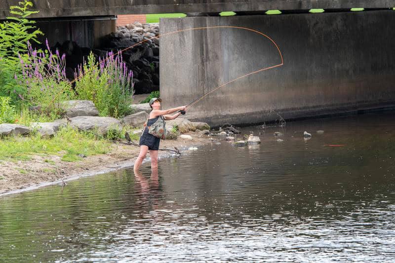 woman standing in river while fly fishing